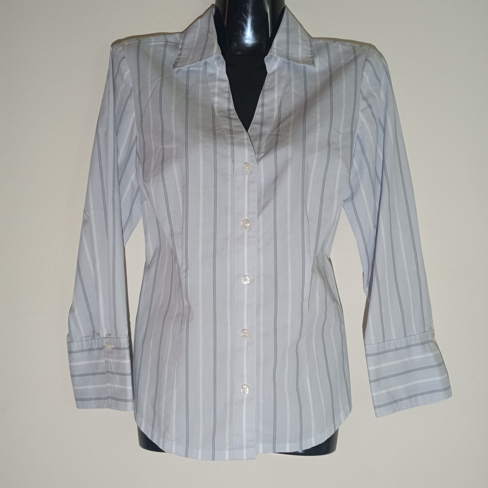 Ann Taylor Light Blue and White Stripe Button-Front Blouse